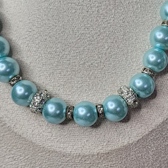 Aqua Blue Glass Pearl and Rhinestone Necklace Earrings and Bracelet Set - Picture 4 of 15